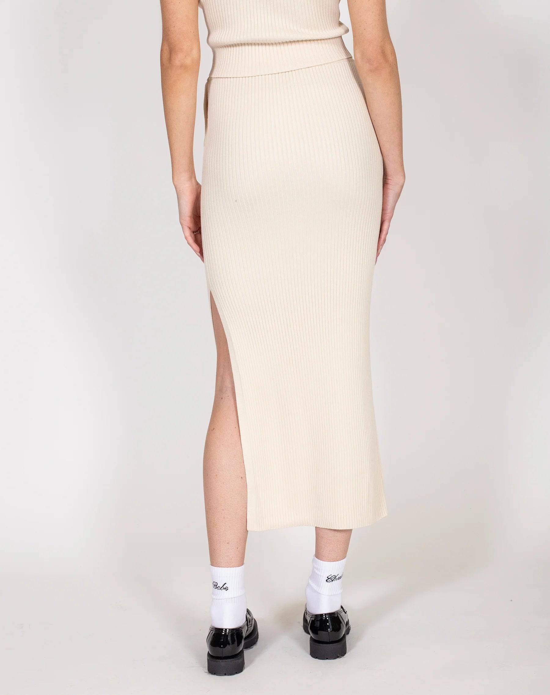 Penelope Rib Knit Maxi Skirt in Cream - ResidentFashion