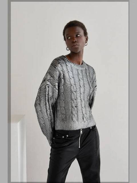 Alexandra Silver Laminated Sweater - ResidentFashion