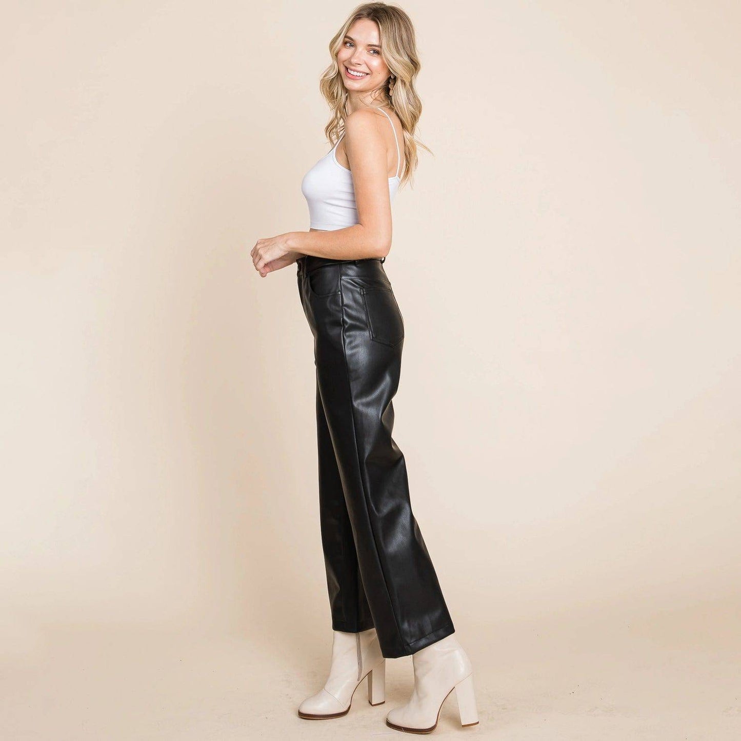 Wide Leg Fleece Faux Leather Pants - ResidentFashion